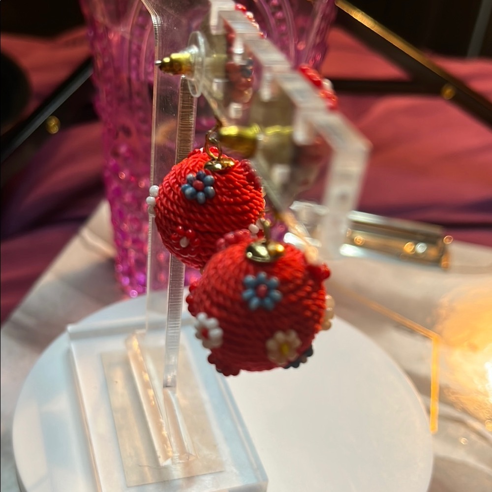 Colorful Beaded Pom Pom Drop Earrings - Picture 4 of 5
